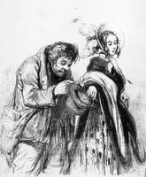 Femme déposant une obole dans le chapeau d'un mendiant (« Un mendiant », lithographie de Paul Gavarni ) - Crédits : BIS/Ph. Coll. Archives Bordas